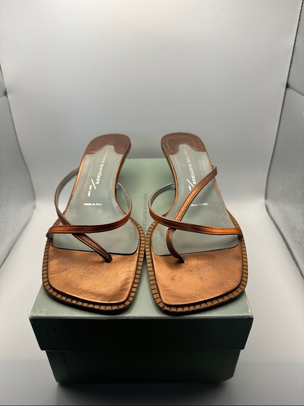 Sigerson Morrison Copper Metallic Strappy Kitten-Heel Sandals